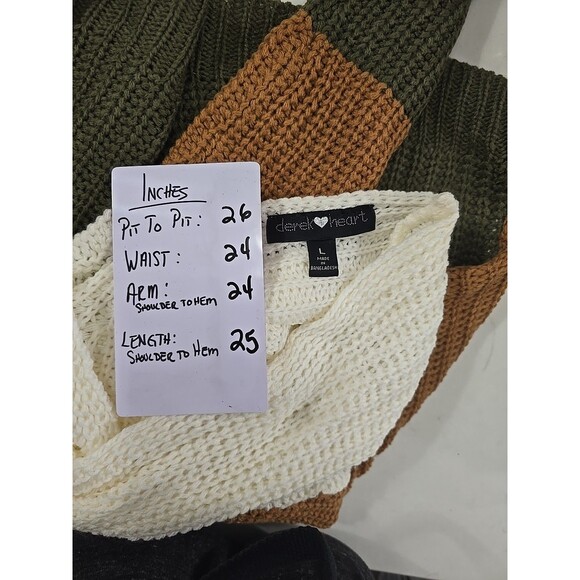Chunky Knit Cream Tan Green Twist Crop Sweater Womens Lg Deep V Colorblock Boho - Picture 5 of 6